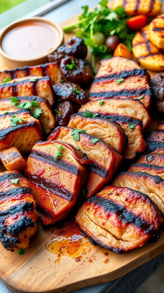 A grilled platter of marinated meats with herbs and sides on a wooden board.